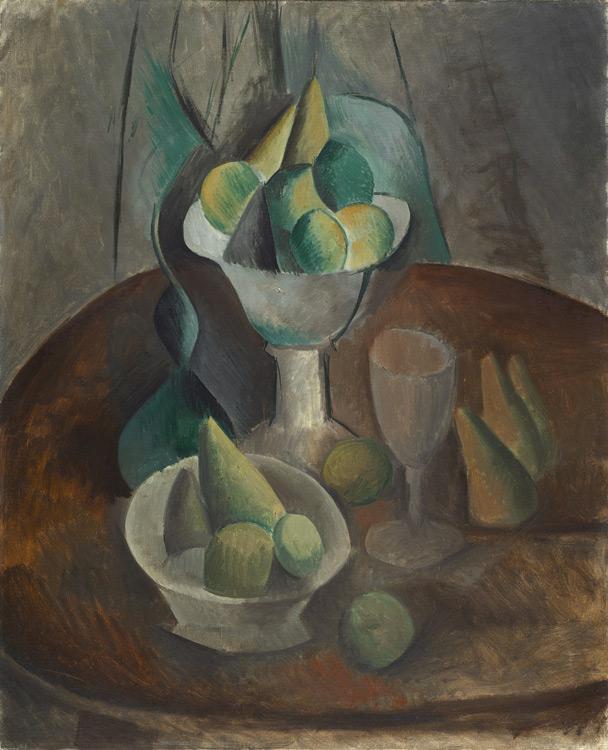 Pablo Picasso - 195 Compotier, fruits et verre (Nature morte au compotier) - Натюрморт. Ваза с фруктами - 1909 - 91x72,5 - Peut-être acheté le 13 juillet 1912 chez Brümmer? ou chez Kahnweiler en 1912 - cat.1913, 171 - cat. Ermitage 9160